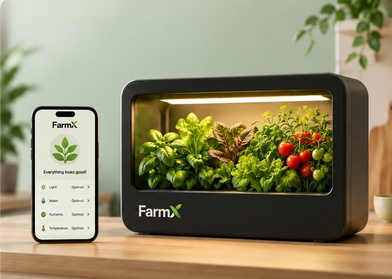 FarmX indoor garden growing leafy greens, herbs and cherry tomatoes beside the FarmX app